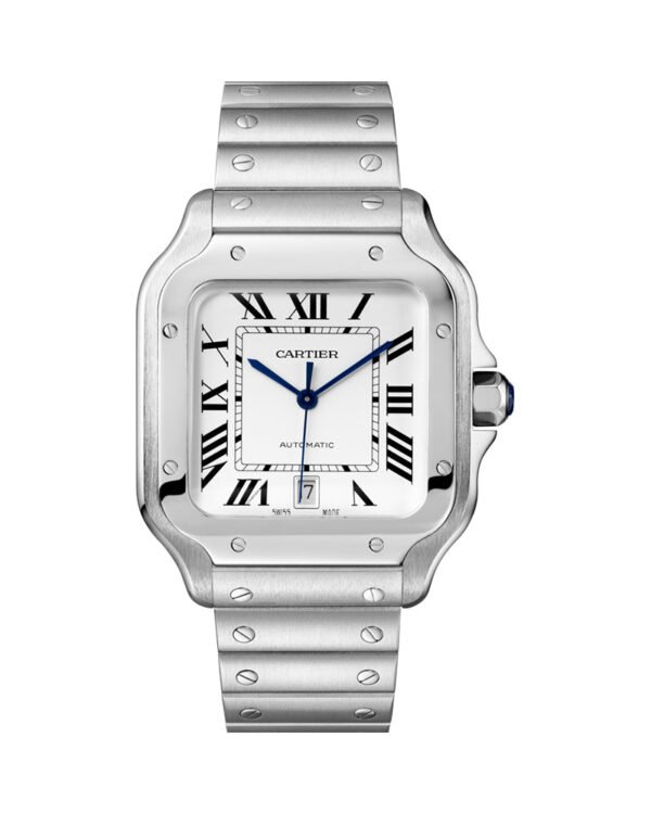 Buy Cartier Santos Watch Silver Band, White Dial/Date, Roman Numbers, 100m | Automatic Watches | Swiss Made Watches | Mens Watches | Sapphire Crystal Watches